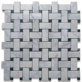 Carrara Marble Italian White Bianco Basketweave Mosaic Tile with Green Dots Polished